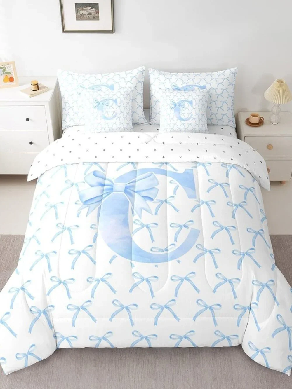 7 Pcs Cartoon Bowknot Kids Comforter Queen Size,Blue Bow Tie Letter C Knot Princ